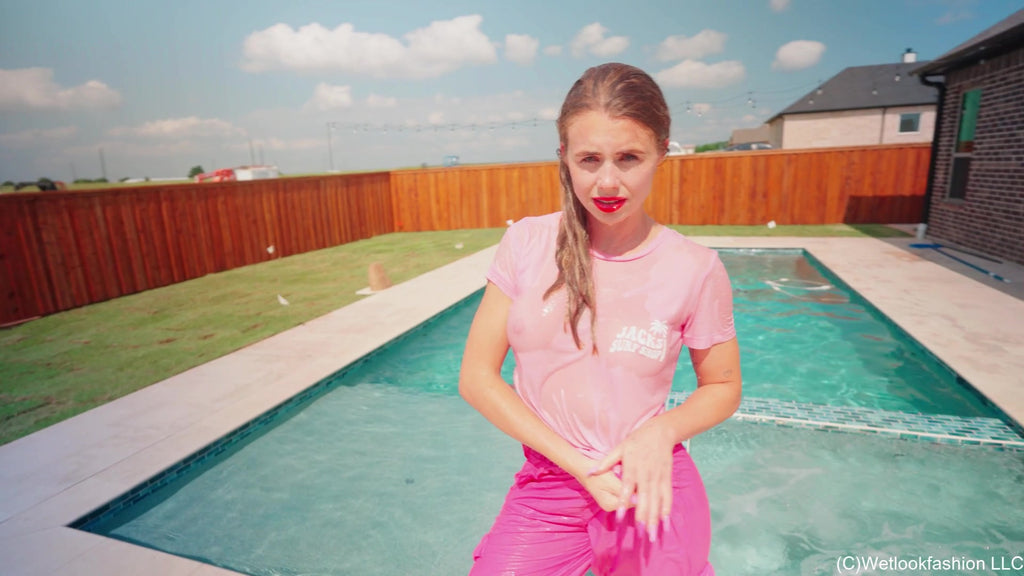 Joy Falls in the Pool In Cargo Pants and a T-shirt