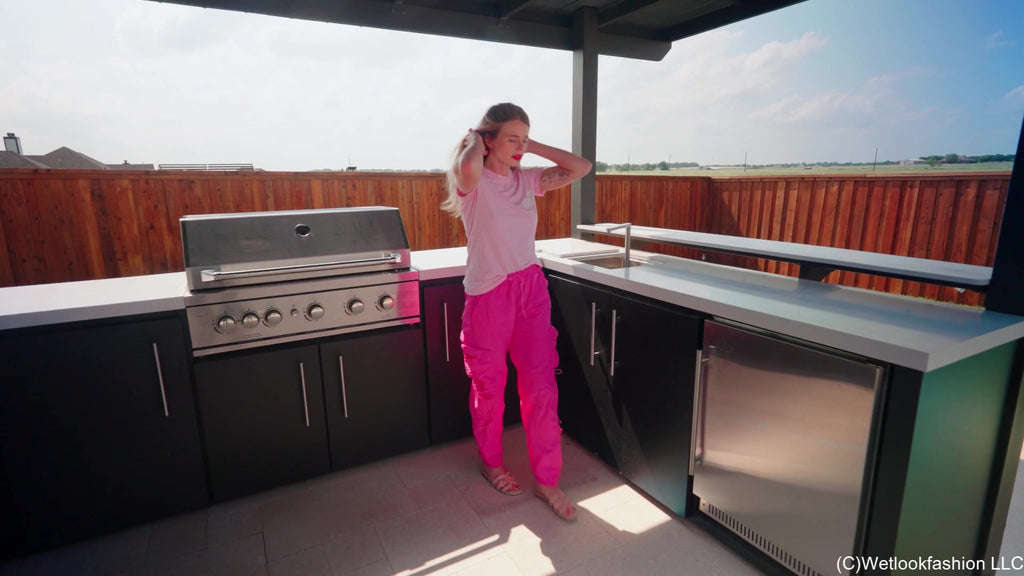 Joy Falls in the Pool In Cargo Pants and a T-shirt