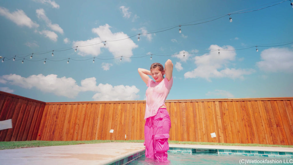 Joy Falls in the Pool In Cargo Pants and a T-shirt