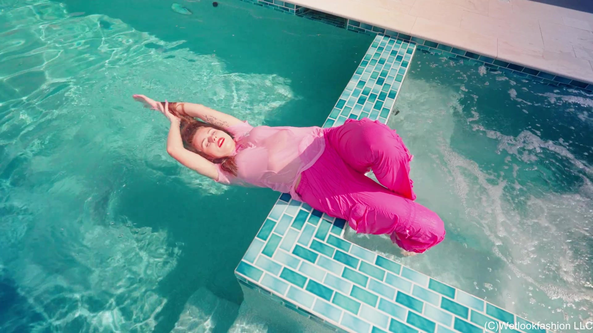 Joy Falls in the Pool In Cargo Pants and a T-shirt