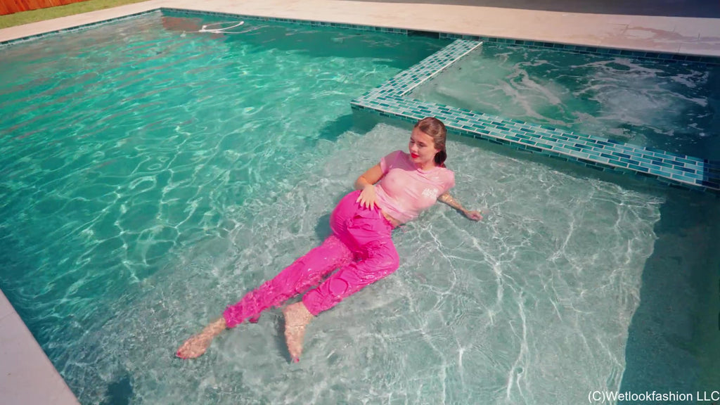 Joy Falls in the Pool In Cargo Pants and a T-shirt
