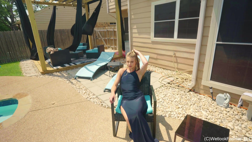Joy in the Pool Wearing a Black Satin Dress