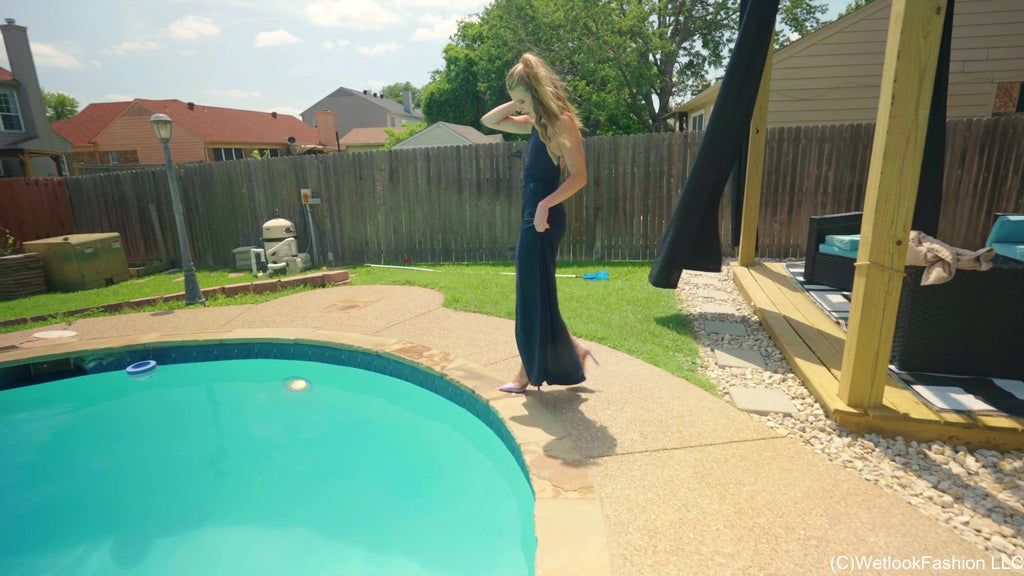 Joy in the Pool Wearing a Black Satin Dress