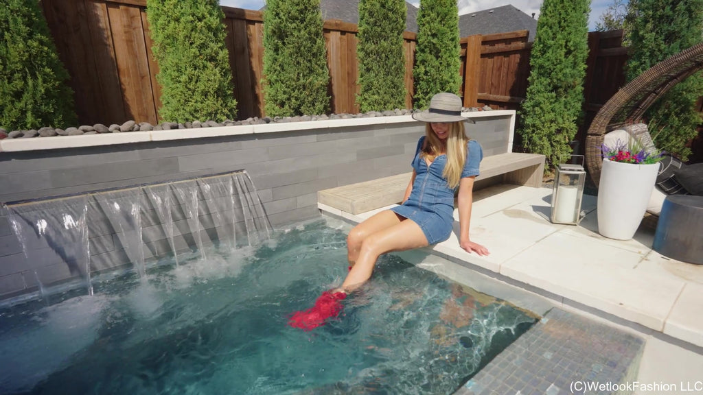 Joy Swims in a Denim Dress and Cowgirl Boots