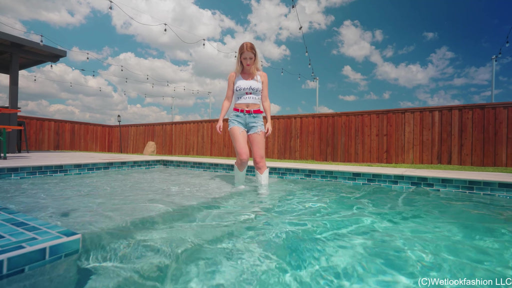 Kate Swims in a Jean Shorts, a White Top and Cowgirl Boots