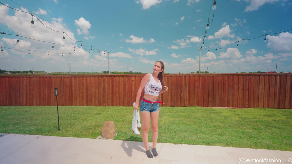 Kate Swims in a Jean Shorts, a White Top and Cowgirl Boots