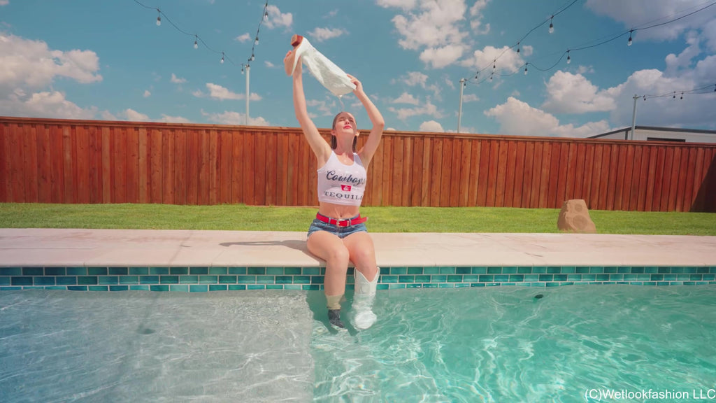 Kate Swims in a Jean Shorts, a White Top and Cowgirl Boots