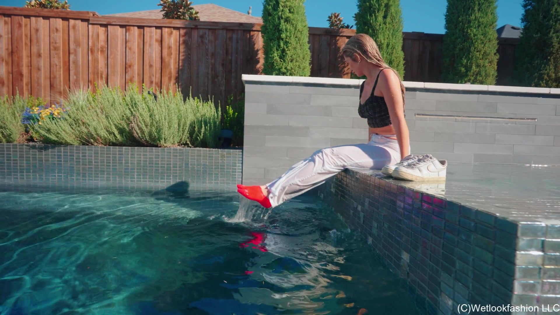 Kate's Morning Swim Wearing White Jeans, Top and Sneakers