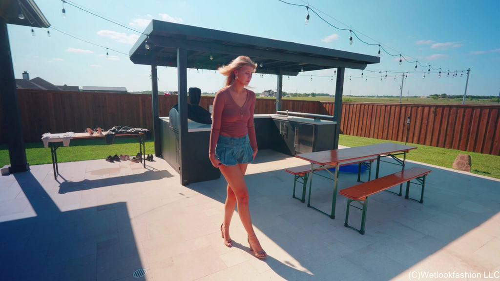 Katie Gets Wet in A Jeans Mini Skirt and a Bodysuit