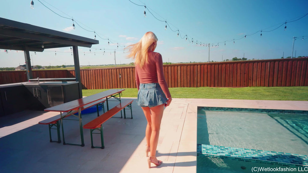 Katie Gets Wet in A Jeans Mini Skirt and a Bodysuit