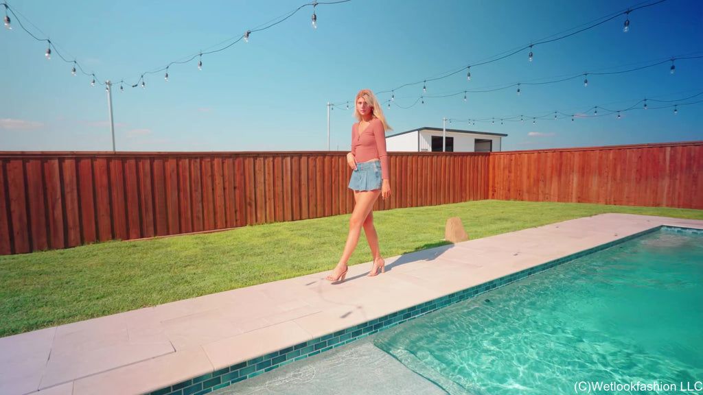 Katie Gets Wet in A Jeans Mini Skirt and a Bodysuit