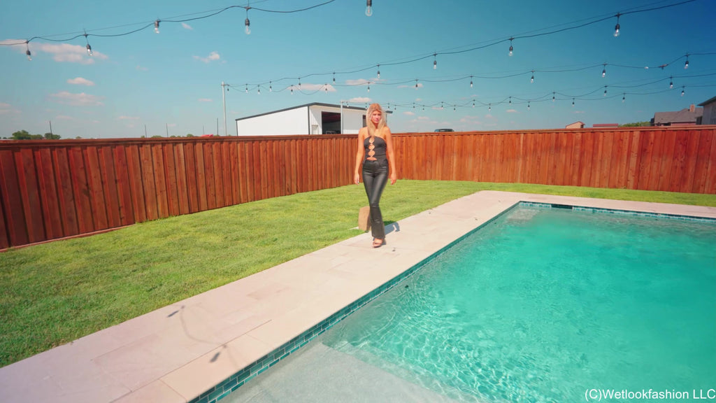 Katie Takes a Swim in Leather Pants and a Satin Top
