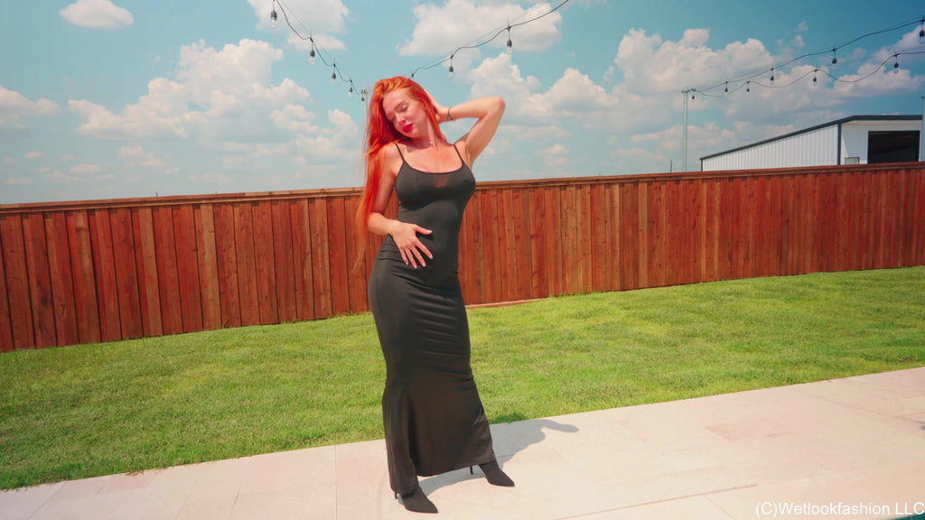 Krispeachi Swims in a Shiny Black Maxidress