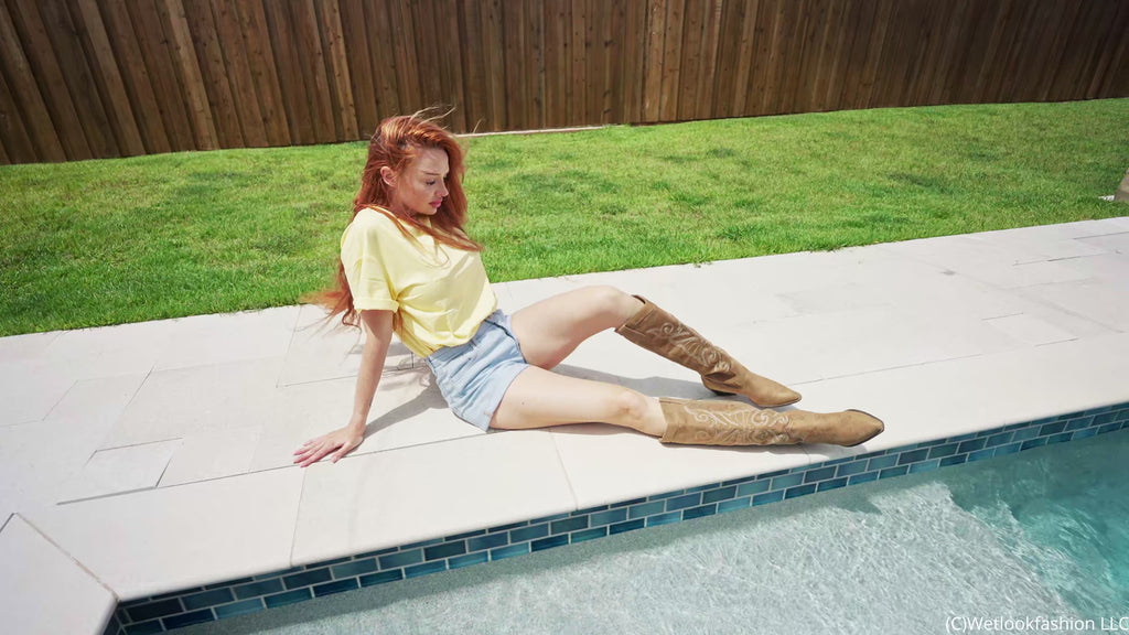 Krispeachi Swims in Jeans Shorts, T-Shirt and Boots