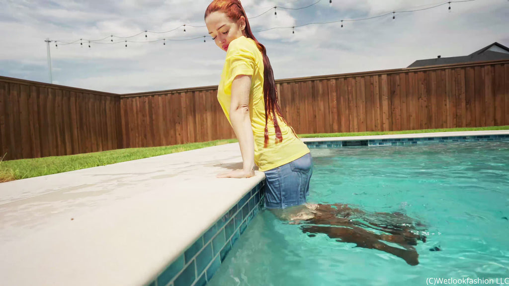 Krispeachi Swims in Jeans Shorts, T-Shirt and Boots