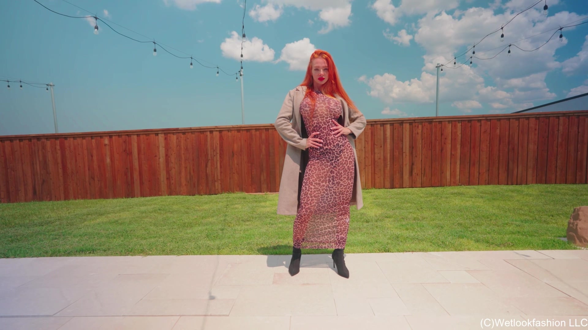 Krispeachi's Pool Dip in a Sheer Maxi Dress, Coat and Boots