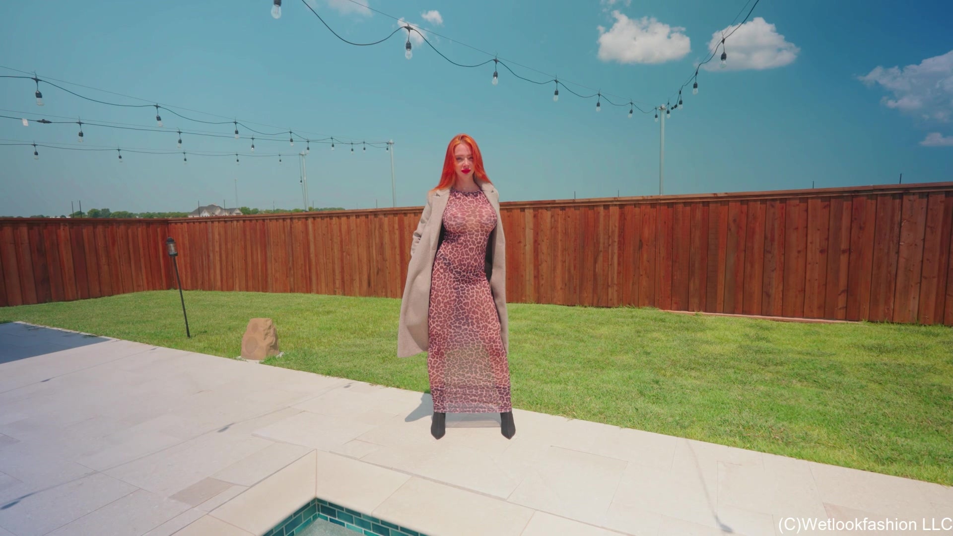 Krispeachi's Pool Dip in a Sheer Maxi Dress, Coat and Boots