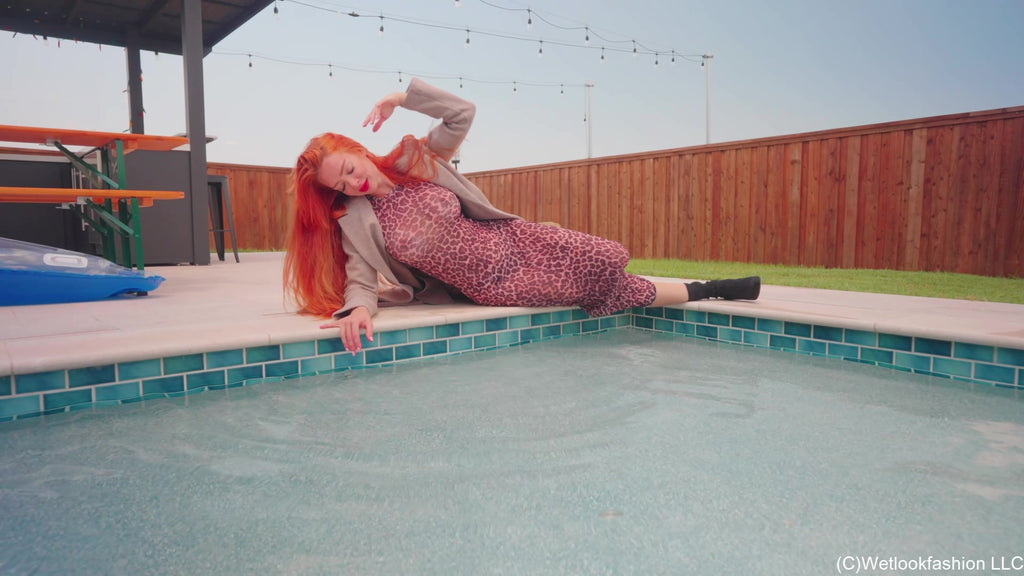 Krispeachi's Pool Dip in a Sheer Maxi Dress, Coat and Boots
