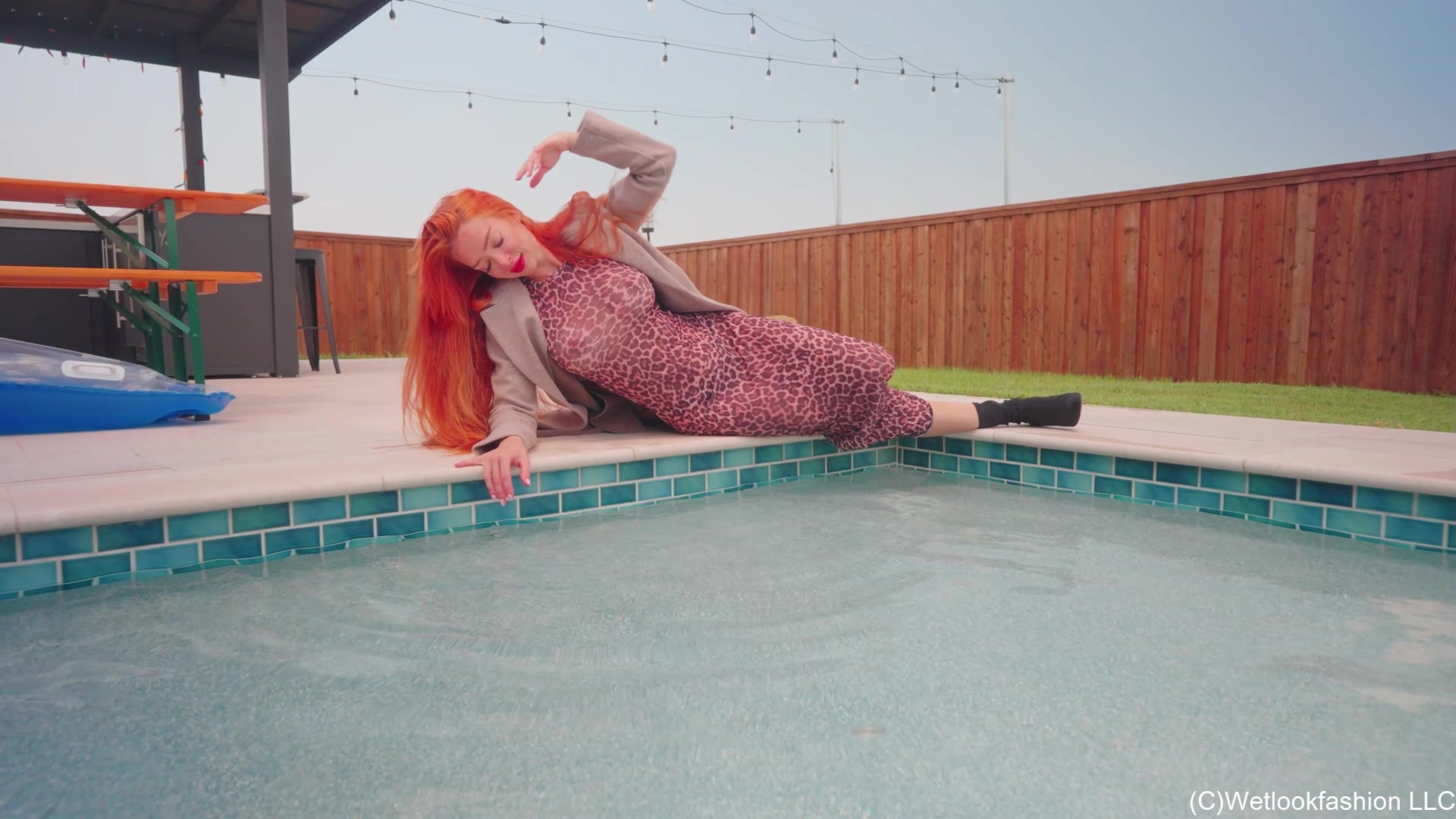Krispeachi's Pool Dip in a Sheer Maxi Dress, Coat and Boots