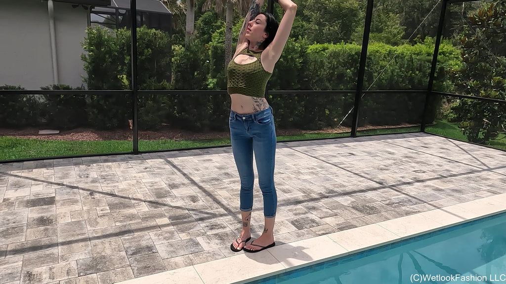 Lexie in the Pool Wearing Jeans, Crop Top and Flip Flops