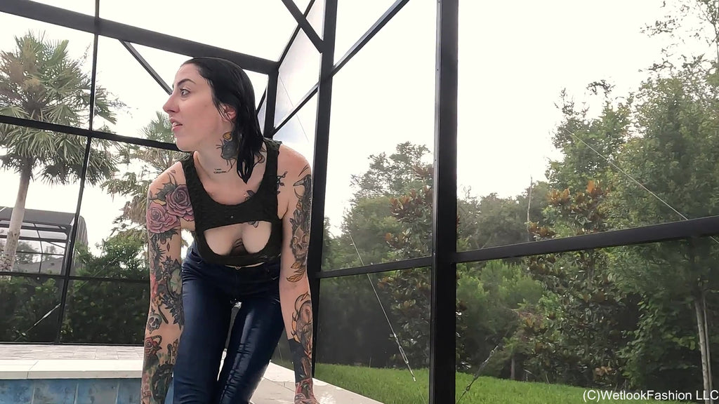 Lexie in the Pool Wearing Jeans, Crop Top and Flip Flops