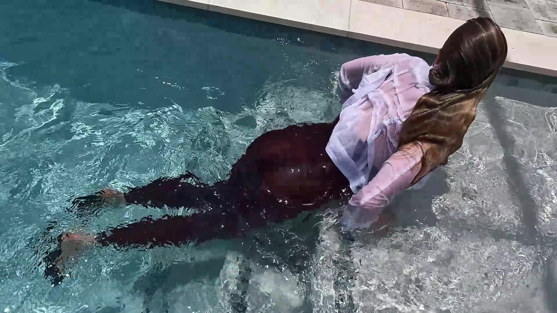 Mandi Enjoys the Pool Wearing Red and White