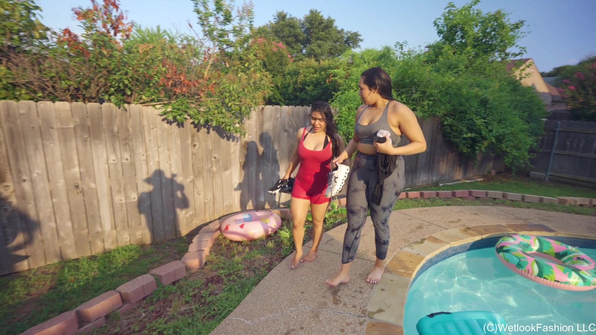 Maria and Tina Having Pool Fun in Workout Gear