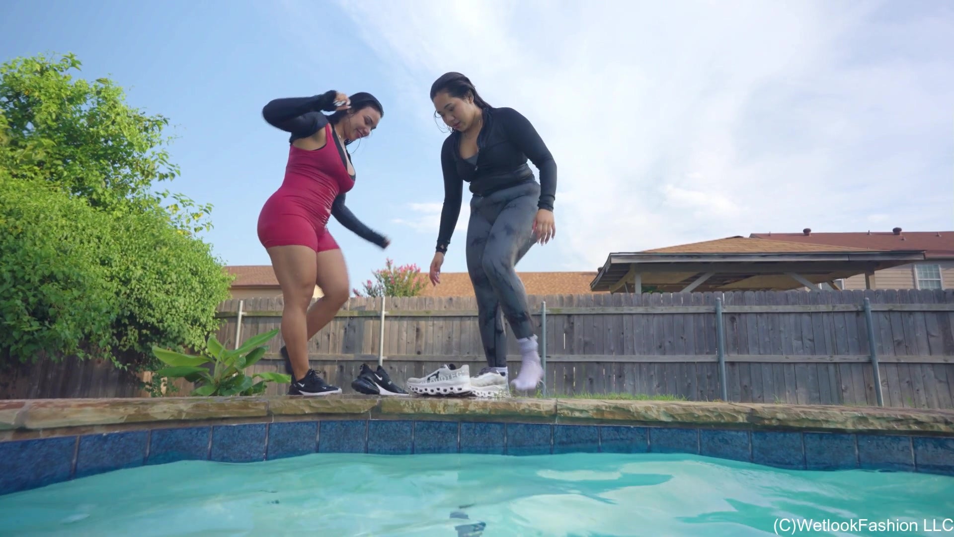 Maria and Tina Having Pool Fun in Workout Gear