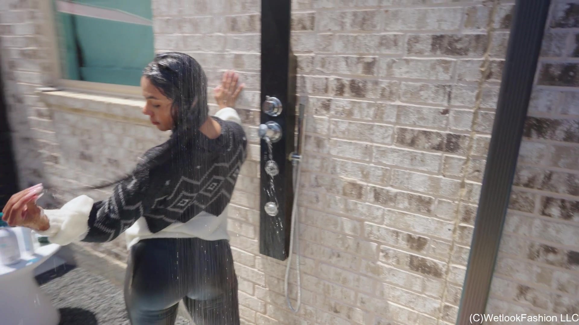 Maria in the Pool Wearing Leggings, Sweater and Boots