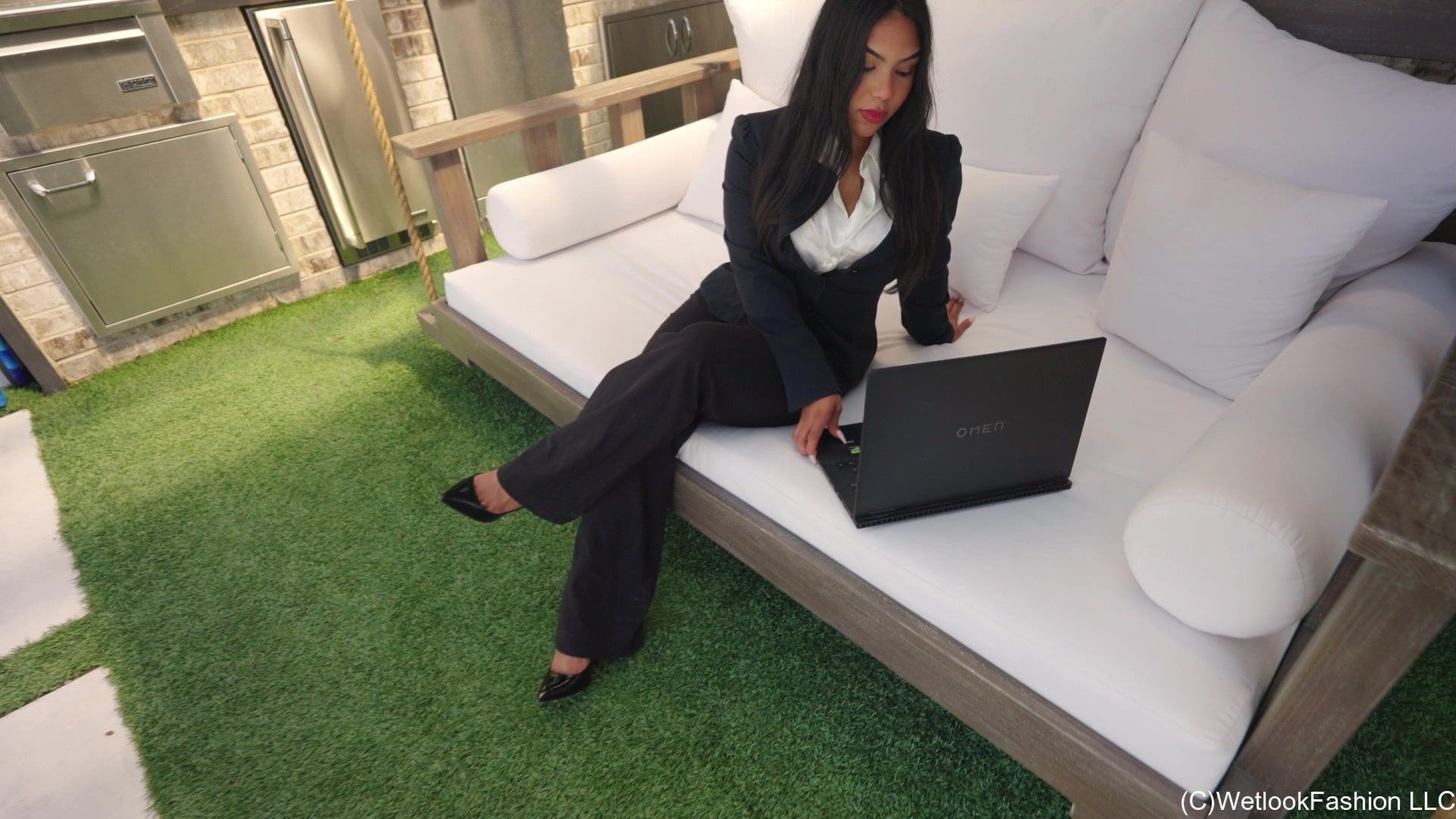 Maria Swims and Showers in a Business Outfit