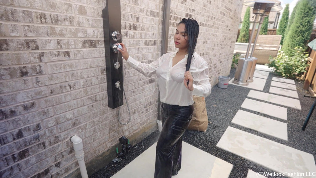 Maria Swims and Showers in a Business Outfit