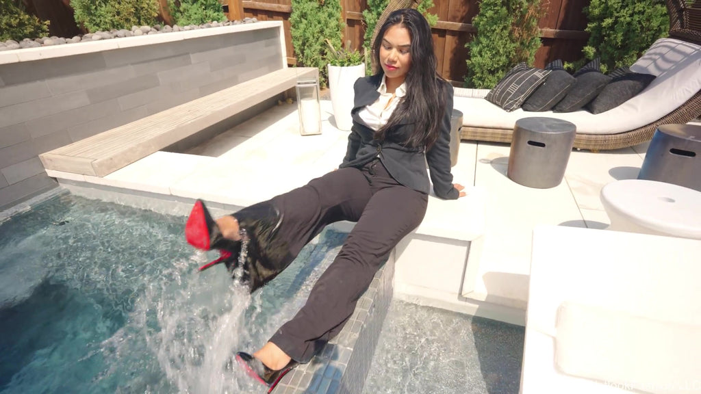 Maria Swims and Showers in a Business Outfit