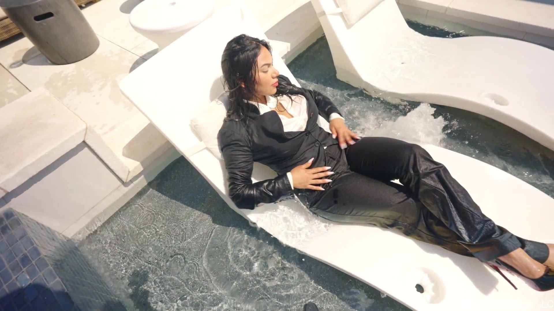 Maria Swims and Showers in a Business Outfit