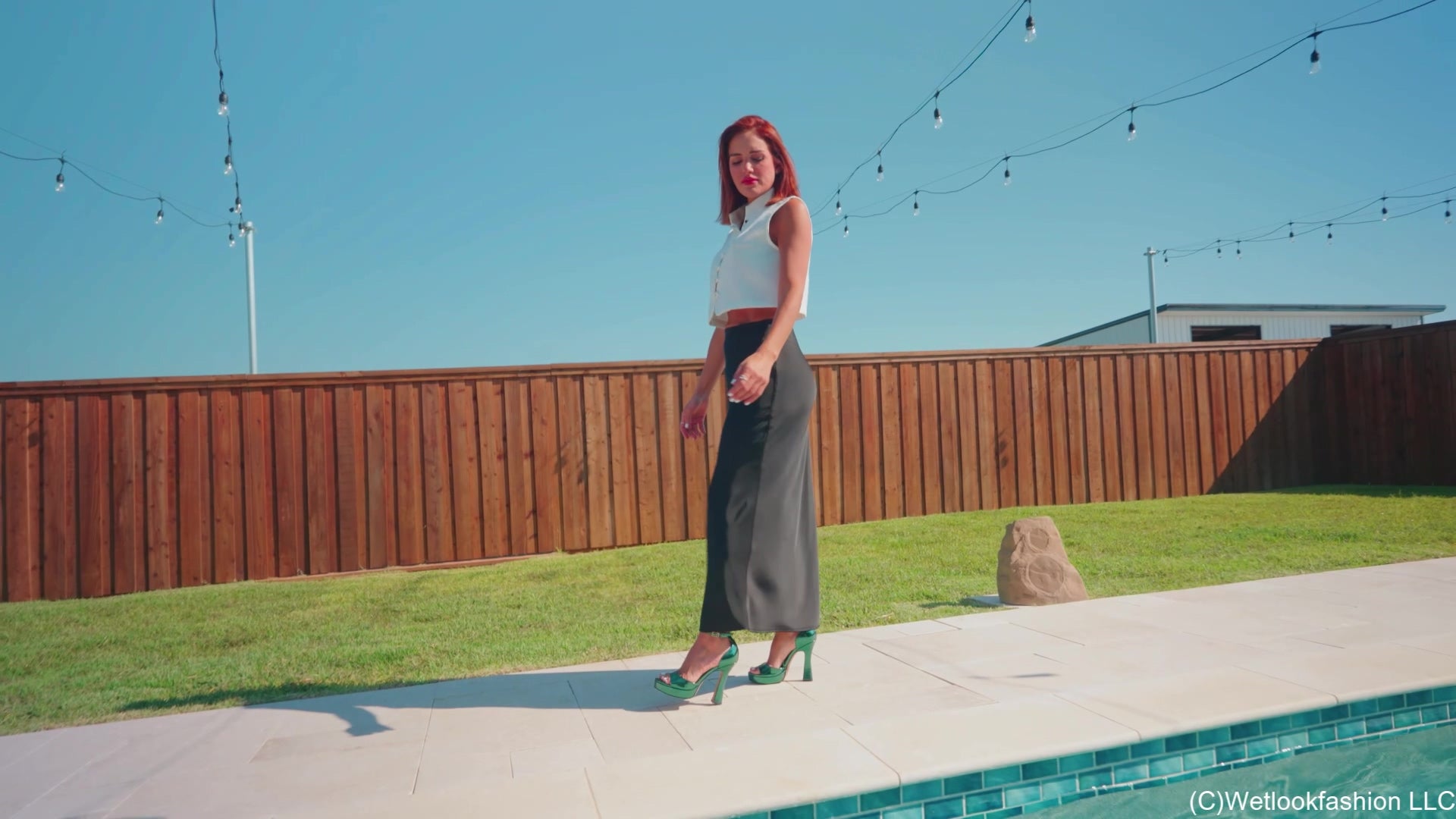 Mariela Goes for a Swim in a Satin Skirt, Vest and Heels