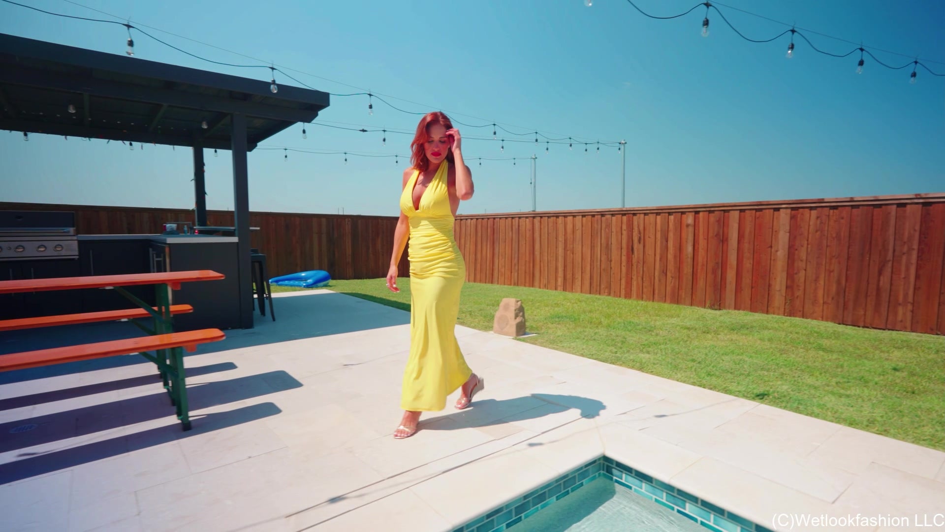 Mariela Goes for a Swim in A Sexy Yellow Satin Dress