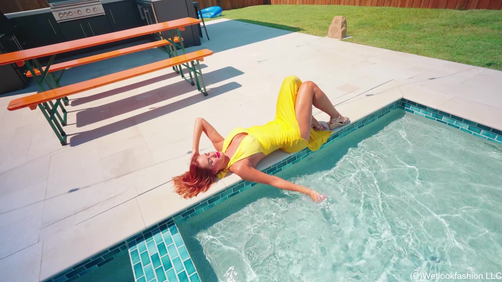 Mariela Goes for a Swim in A Sexy Yellow Satin Dress