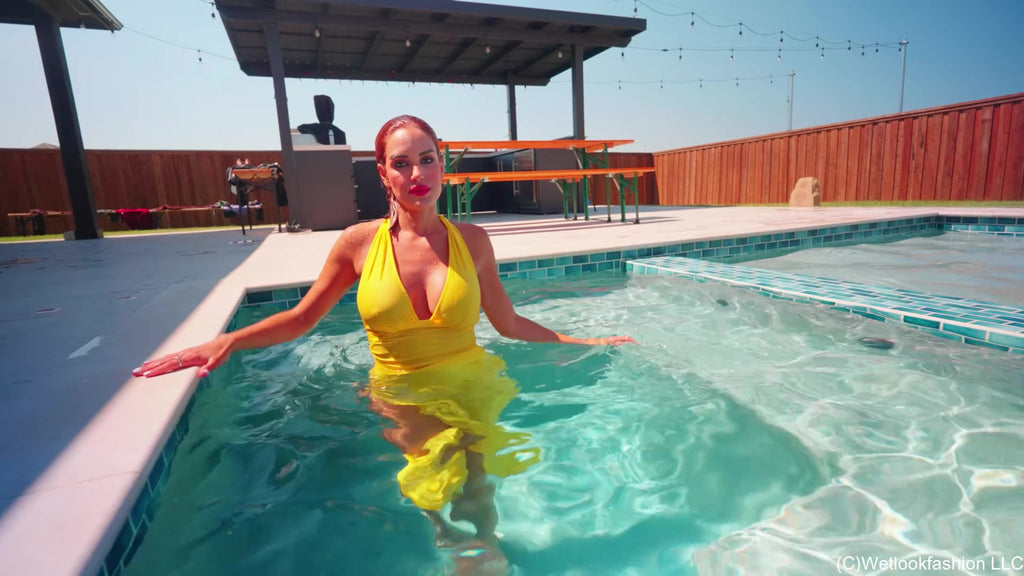 Mariela Goes for a Swim in A Sexy Yellow Satin Dress