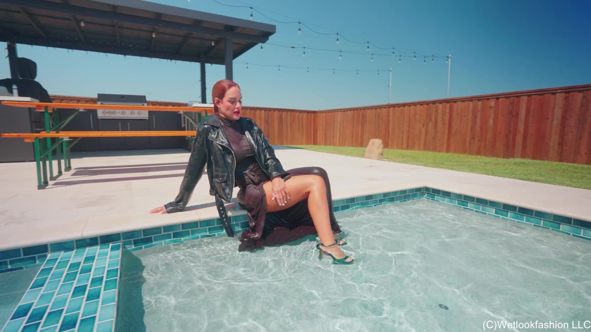 Mariela Takes a Dip in a Formal Dress and a Leather Jacket