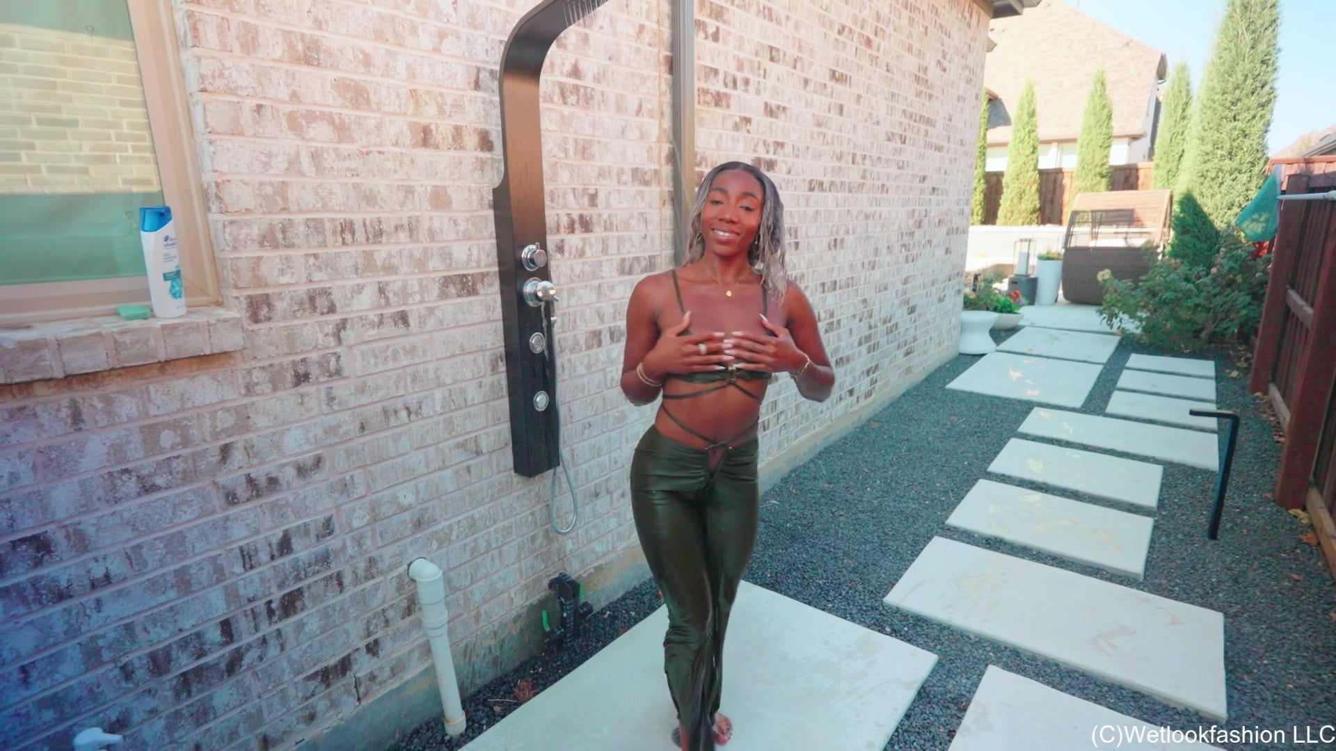 Naomi Swims in a Shiny Lucky Green Outfit
