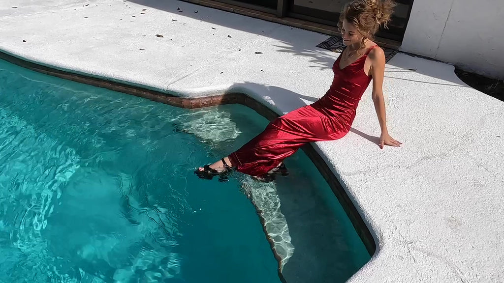Nathalia Swims in Her Red Formal Dress