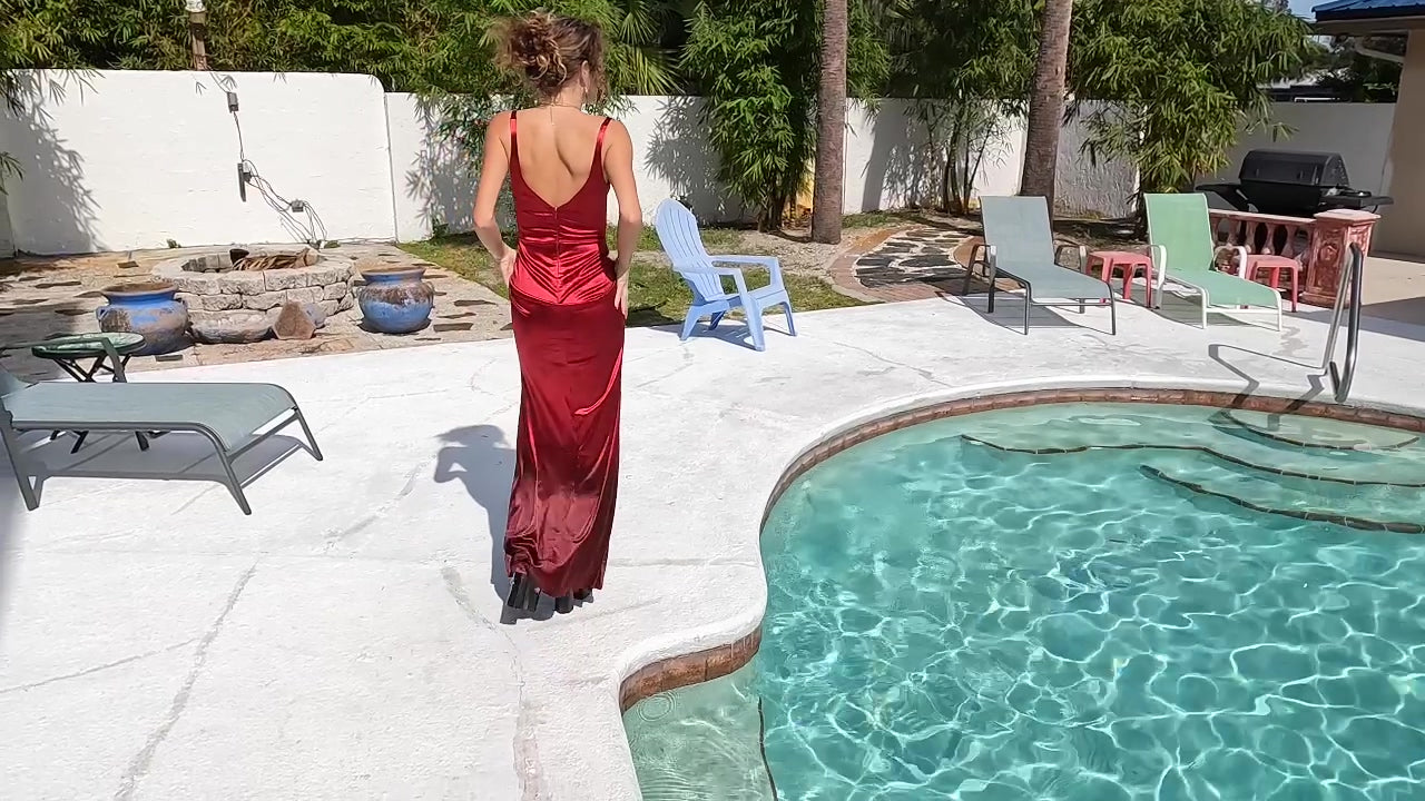 Nathalia Swims in Her Red Formal Dress