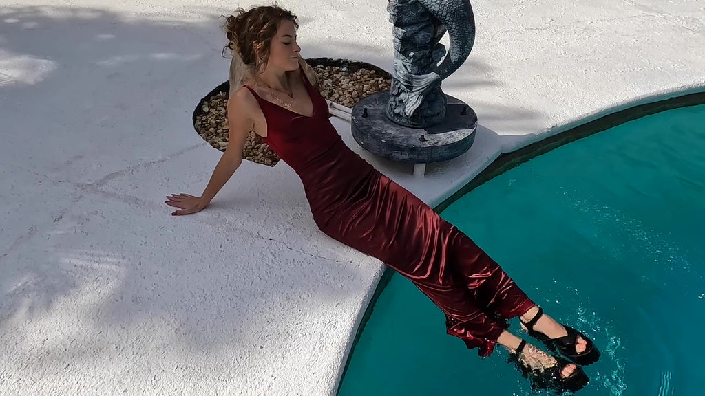 Nathalia Swims in Her Red Formal Dress