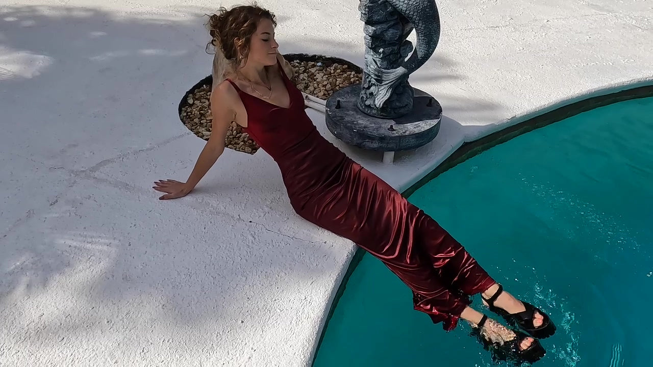 Nathalia Swims in Her Red Formal Dress