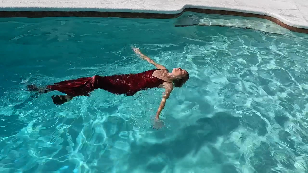 Nathalia Swims in Her Red Formal Dress