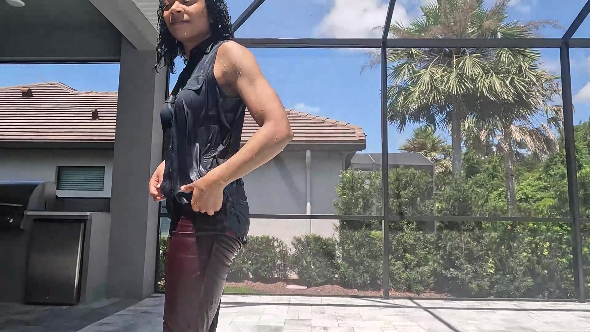 Natalie Swims in Maroon Pants and Sleeveless Shirt