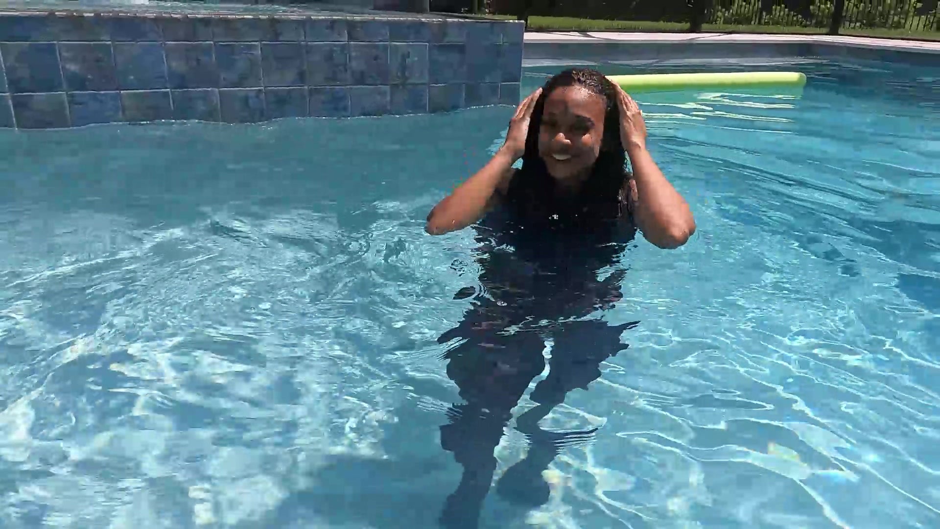 Natalie Swims in Maroon Pants and Sleeveless Shirt