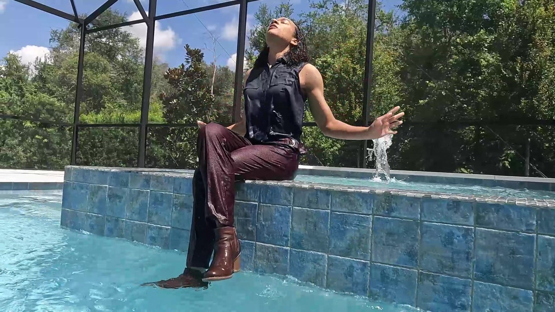 Natalie Swims in Maroon Pants and Sleeveless Shirt