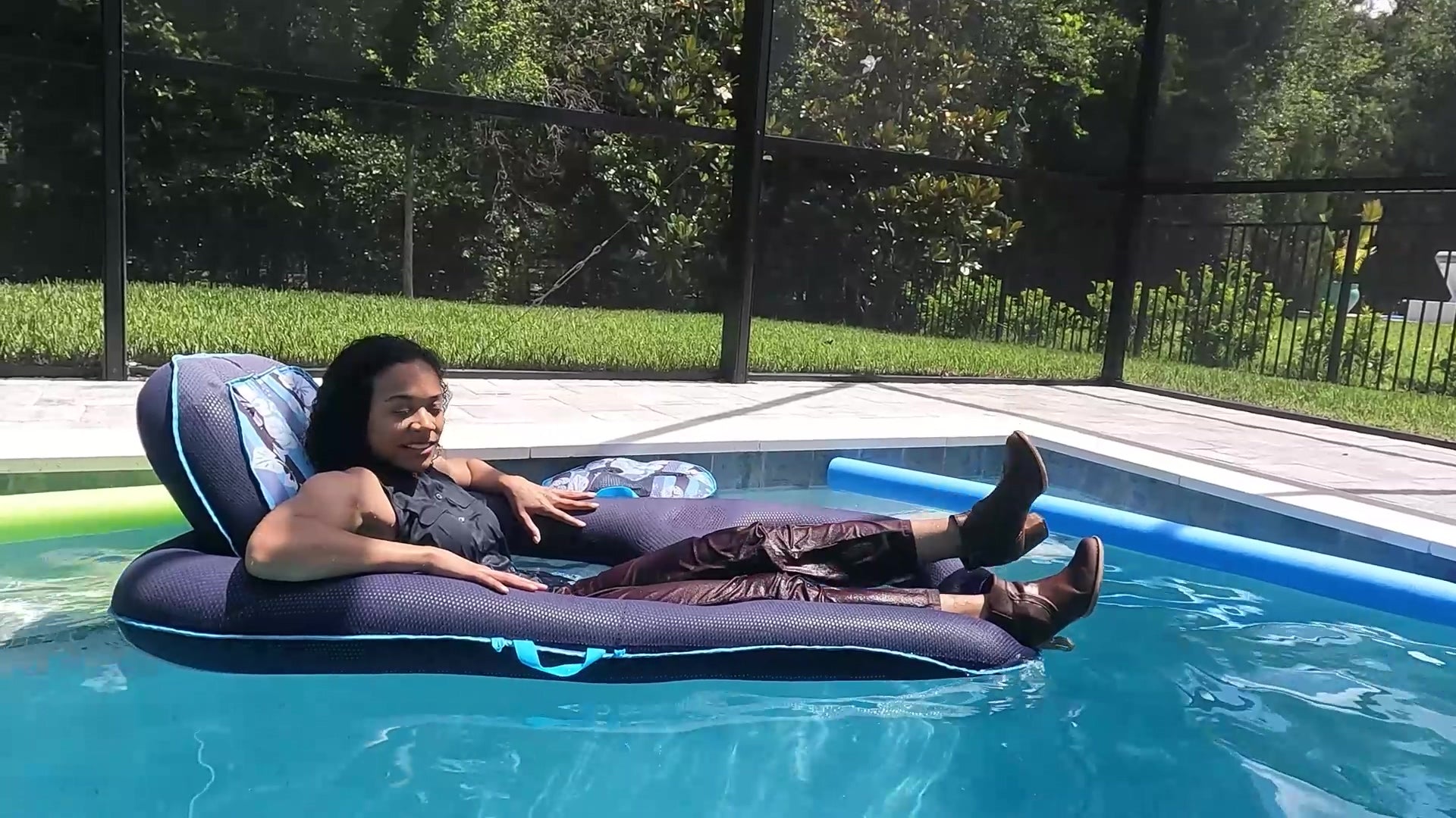 Natalie Swims in Maroon Pants and Sleeveless Shirt