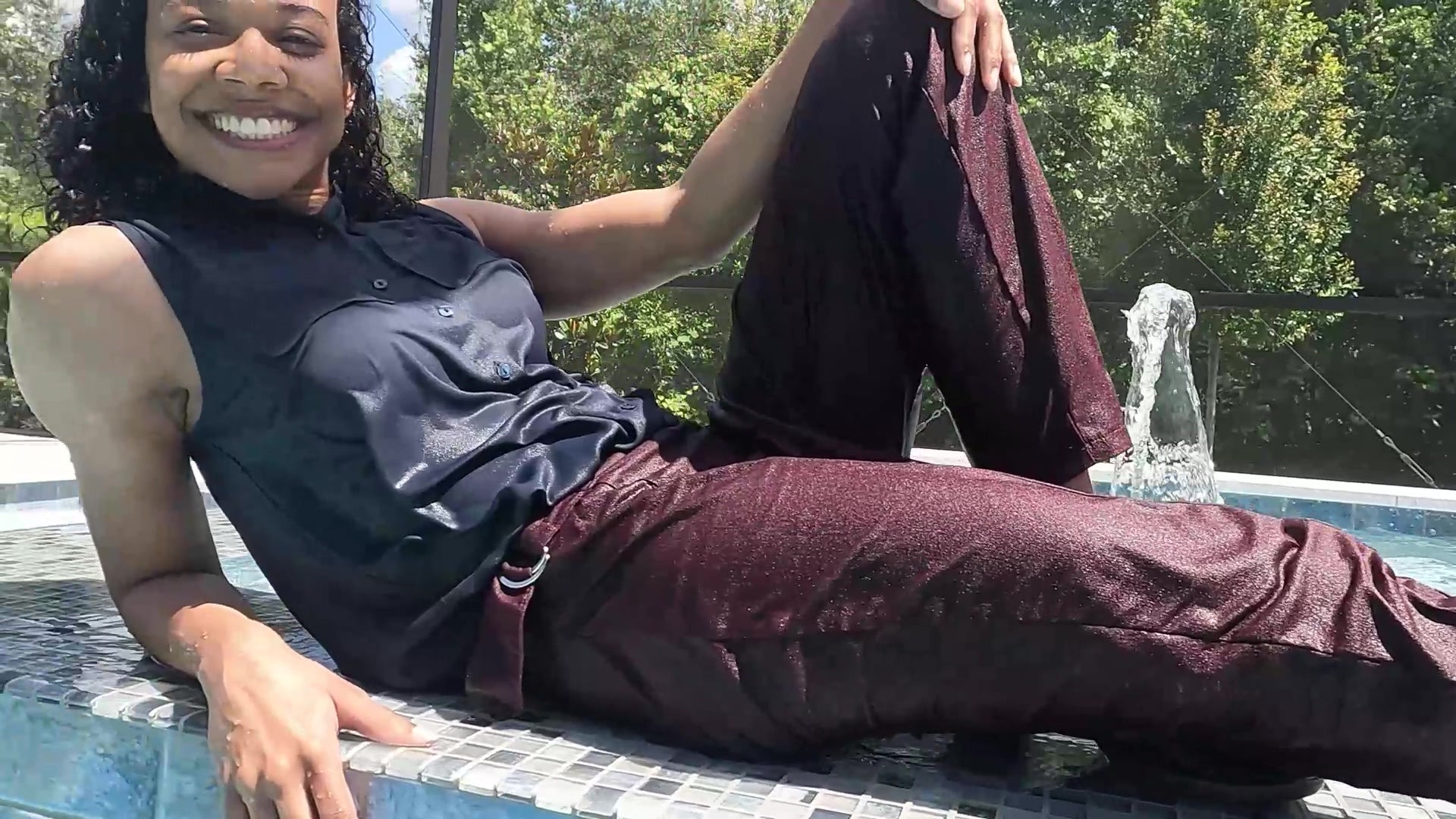 Natalie Swims in Maroon Pants and Sleeveless Shirt