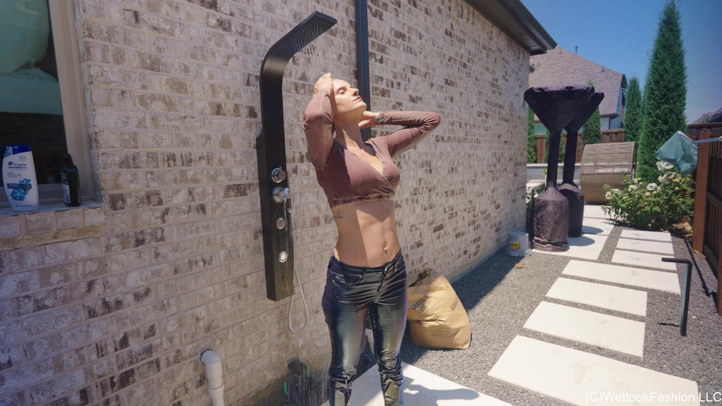 Natasha Gets Wet in a Casual Jeans Outfit